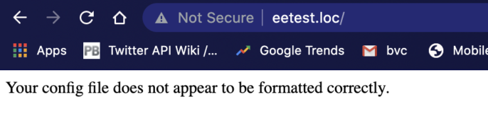 Browser showing plain text Your config file does not appear to be formatted correctly.