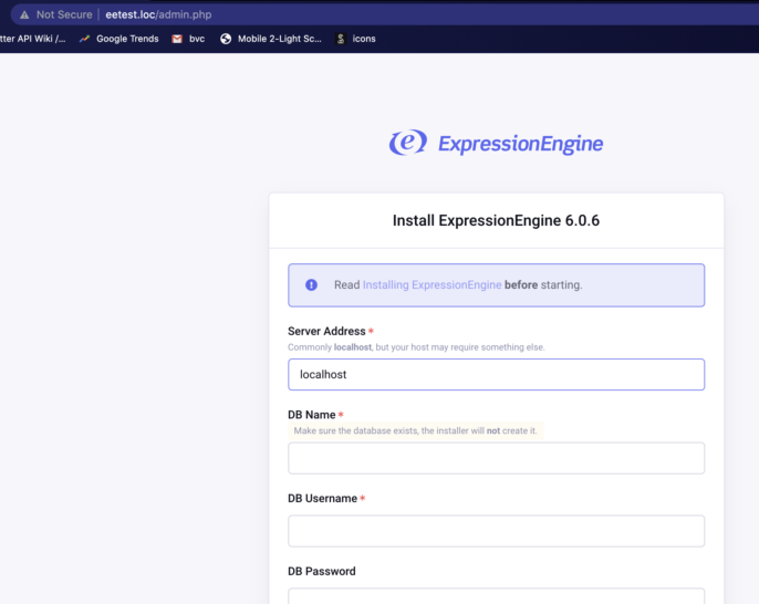 ExpressionEngine setup screen in browser