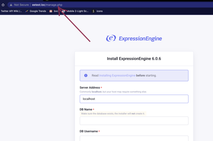 ExpressionEngine install screen in browser at new custom URL