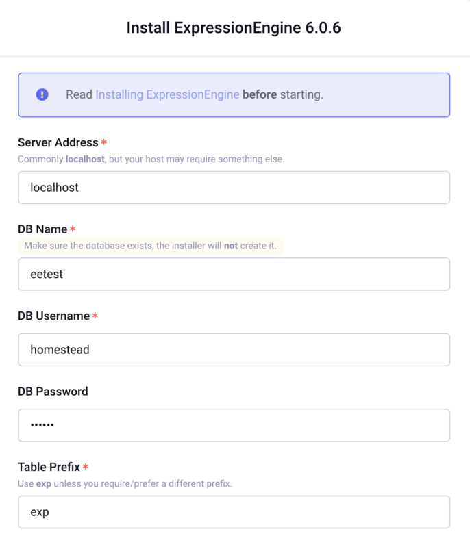 ExpressionEngine install screen with database fields filled out