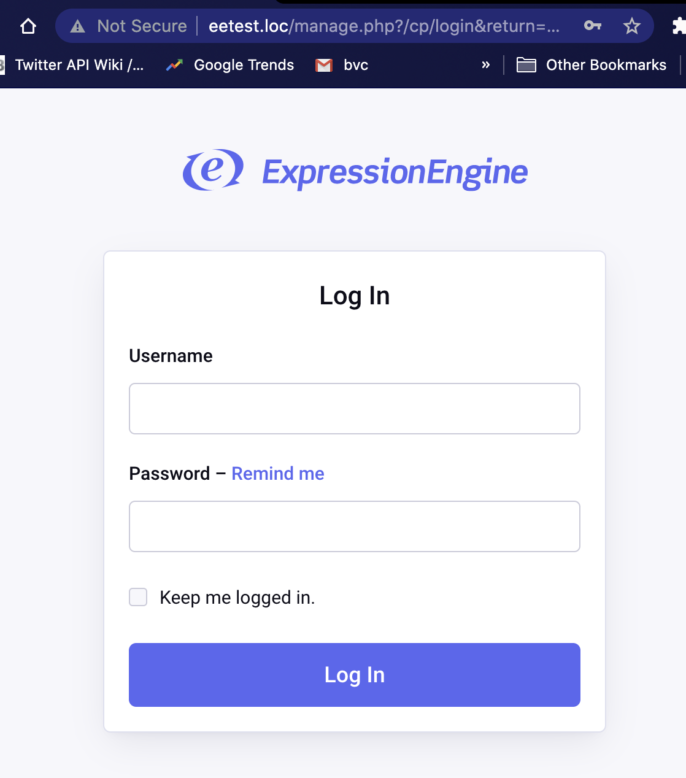 ExpressionEngine control panel login screen on browser