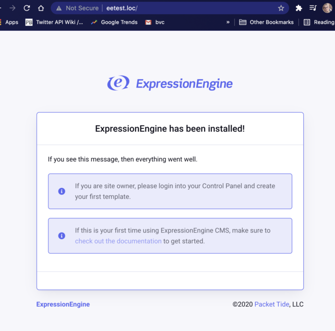 Freshly installed ExpressionEngine home page
