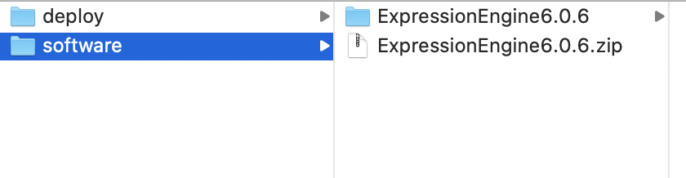 Mac OS Screenshot showing highlighted Software directory containing the downloaded ExpressionEngine zip file and the unzipped directory