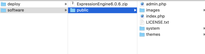 Mac OS screenshot highlighting former "ExpressionEngine 6.0.6" directory now called "public"