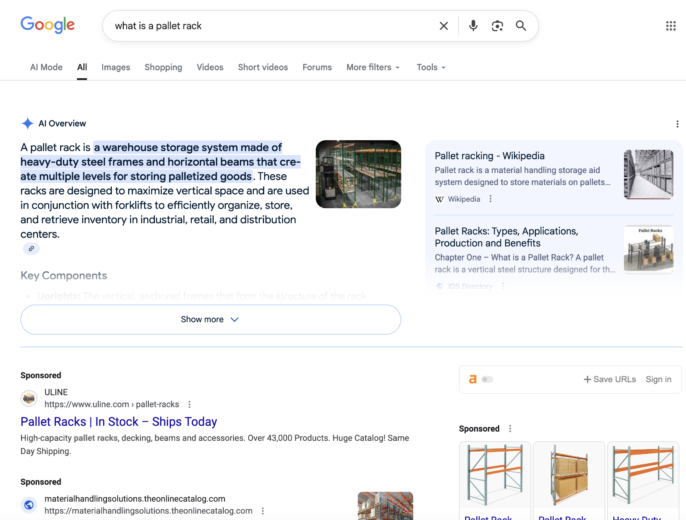Search engine result page for keyword "what is a pallet rack"