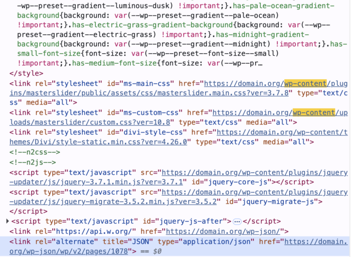 Wordpress website source code screen shot exhibiting wp-content